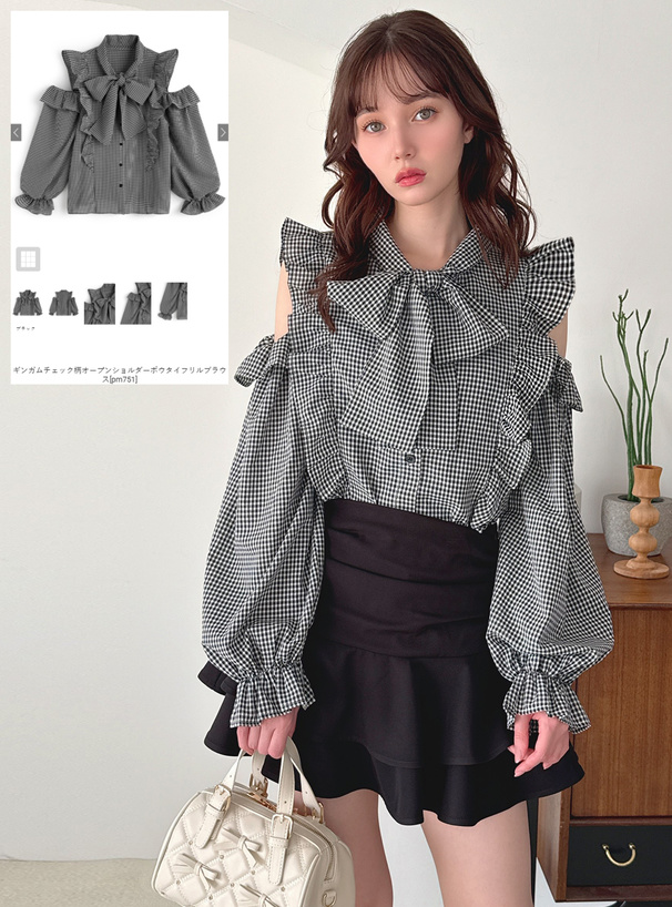 ギンガムチェック柄オープンショルダーボウタイフリルブラウス[pm751
