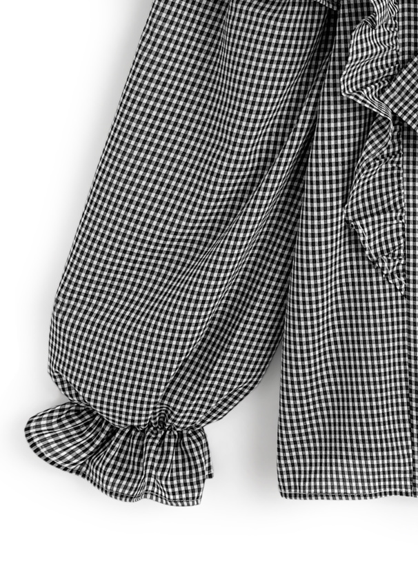 ギンガムチェック柄オープンショルダーボウタイフリルブラウス[pm751