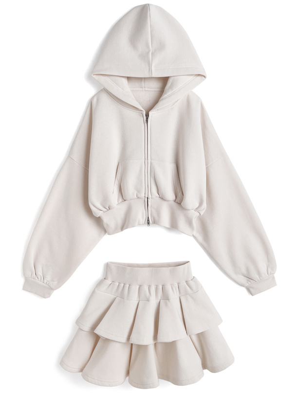 ダブルジップパーカー×ティアードミニスカートスウェットセットアップ