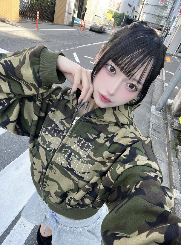 カモフラージュ柄ラインストーンダブルジップスウェットパーカー[pm754