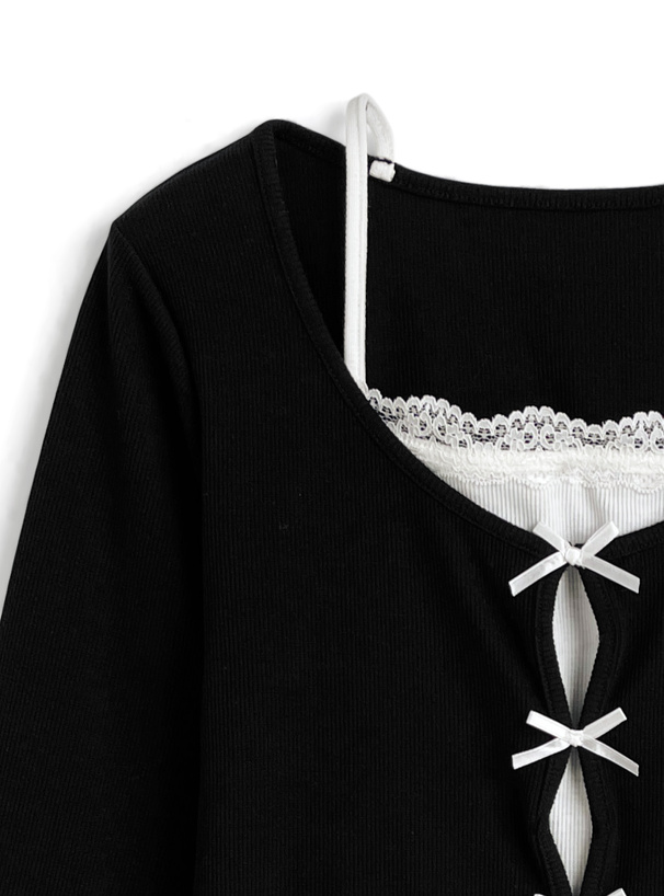 キャミレイヤード風リボンリブトップス