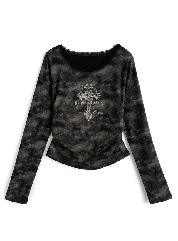 クロスロゴプリントギャザーリブトップス