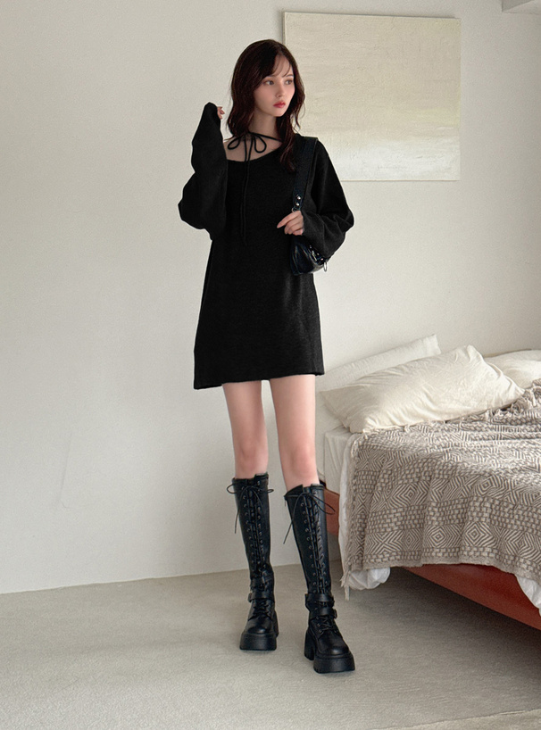 ワンショルダーリボンニットワンピース