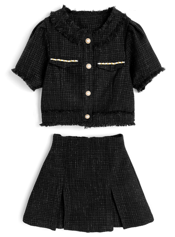 ノーカラーフリンジジャケット×フレアミニスカートツイードセットアップ