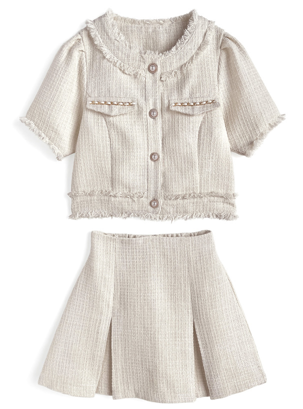 ノーカラーフリンジジャケット×フレアミニスカートツイードセットアップ