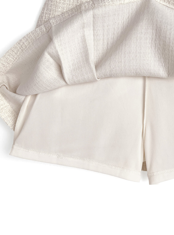 ノーカラーフリンジジャケット×フレアミニスカートツイードセットアップ