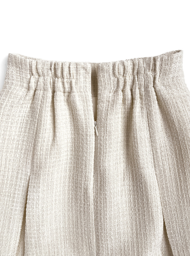 ノーカラーフリンジジャケット×フレアミニスカートツイードセットアップ