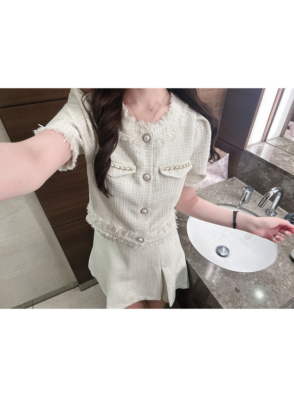 ノーカラーフリンジジャケット×フレアミニスカートツイードセットアップ