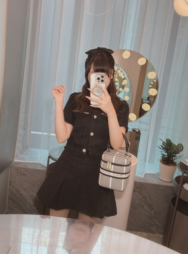 ノーカラーフリンジジャケット×フレアミニスカートツイードセットアップ