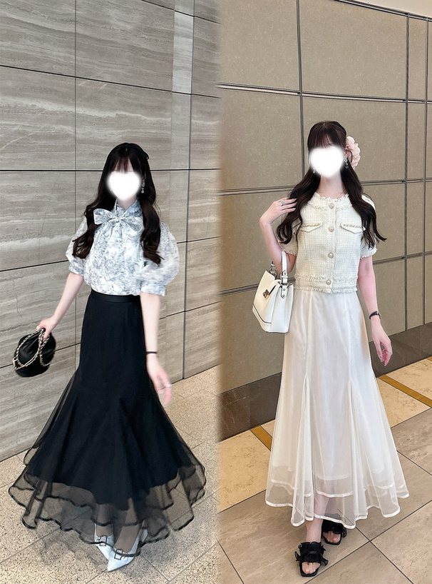 ノーカラーフリンジジャケット×フレアミニスカートツイードセットアップ