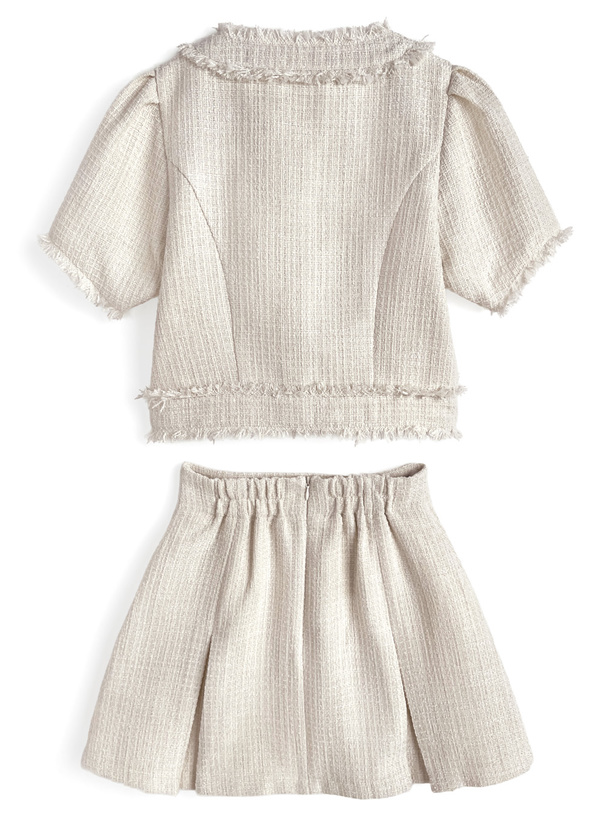 ノーカラーフリンジジャケット×フレアミニスカートツイードセットアップ