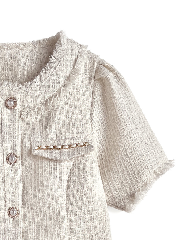 ノーカラーフリンジジャケット×フレアミニスカートツイードセットアップ