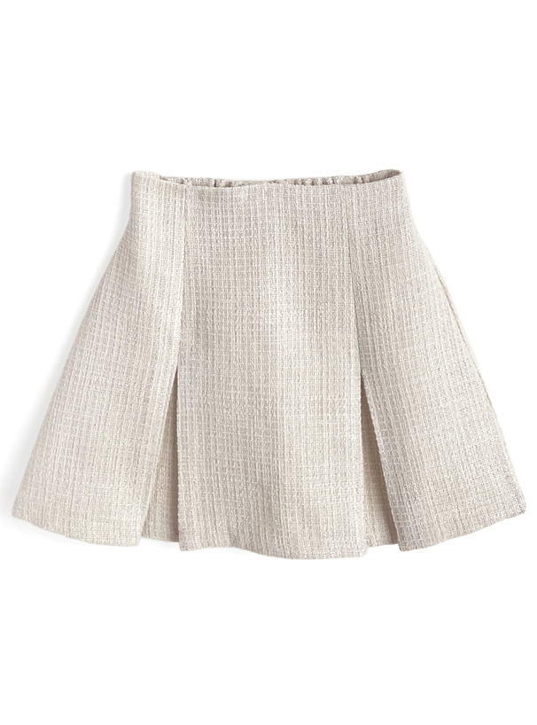 ノーカラーフリンジジャケット×フレアミニスカートツイードセットアップ