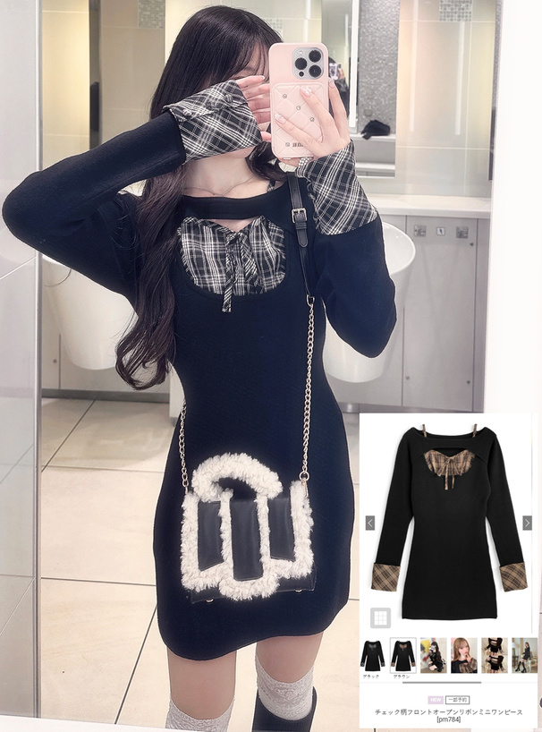 チェック柄フロントオープンリボンミニワンピース[pm784] | レディース