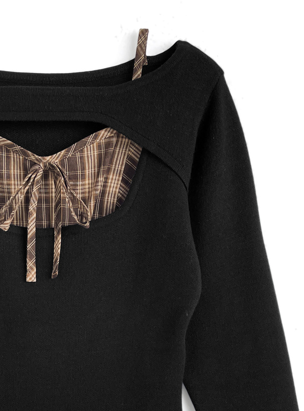 チェック柄フロントオープンリボンミニワンピース