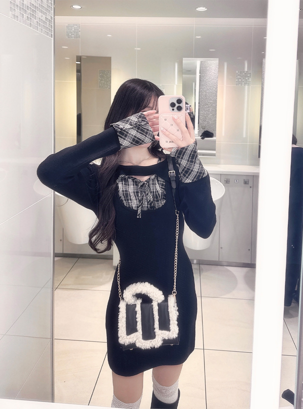 チェック柄フロントオープンリボンミニワンピース[pm784] | レディース