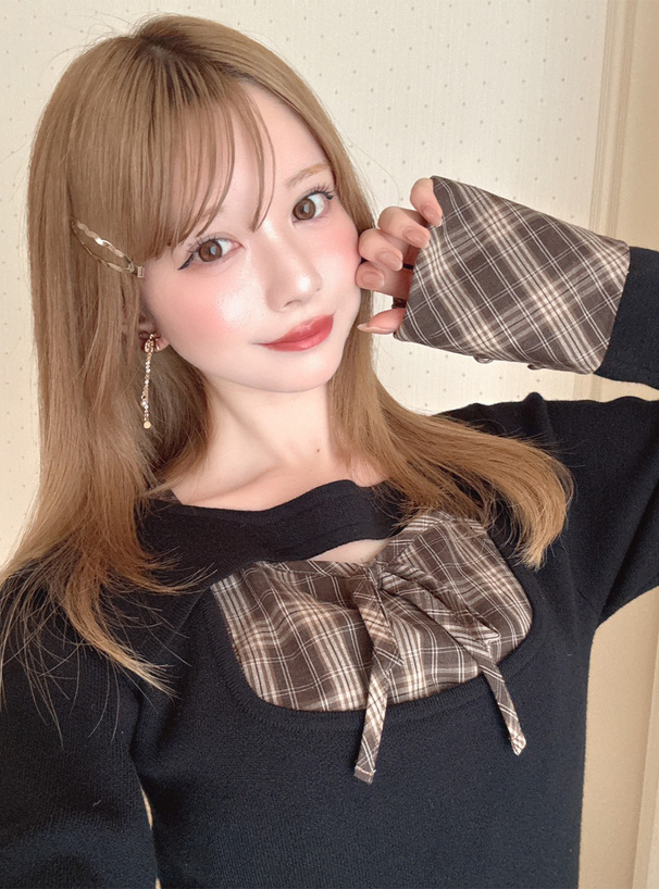 チェック柄フロントオープンリボンミニワンピース[pm784] | レディース