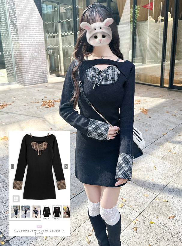 チェック柄フロントオープンリボンミニワンピース[pm784] | レディース