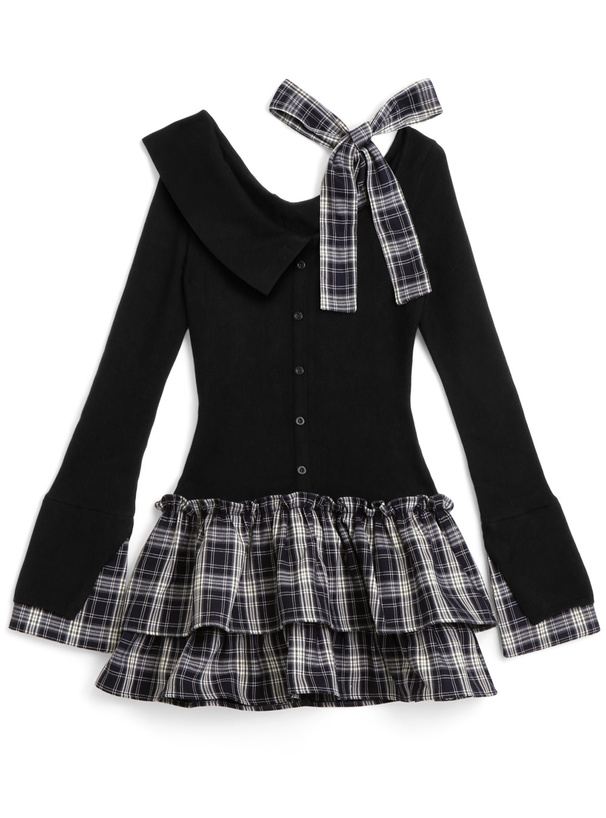 チェック柄ドッキングワンショルダーリボンフリルニットワンピース[pm785]