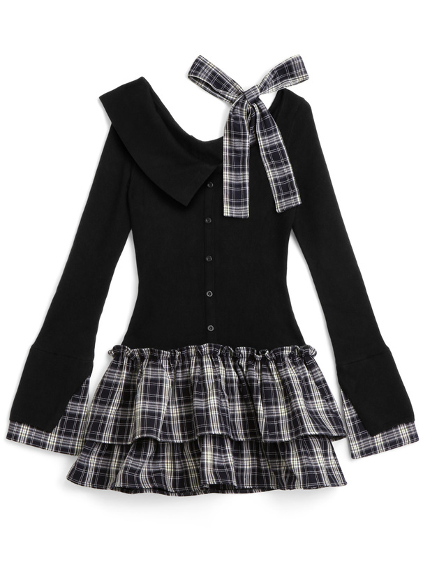 チェック柄ドッキングワンショルダーリボンフリルニットワンピース