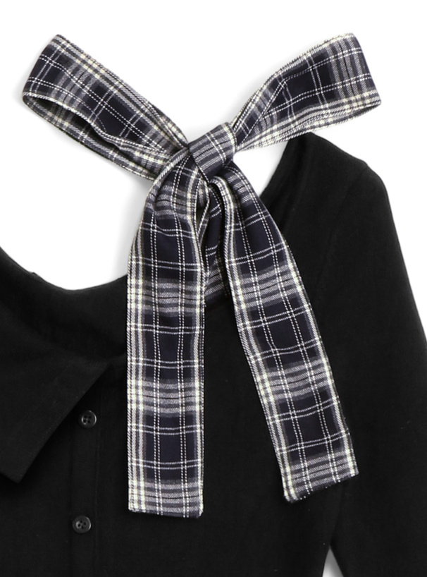 チェック柄ドッキングワンショルダーリボンフリルニットワンピース