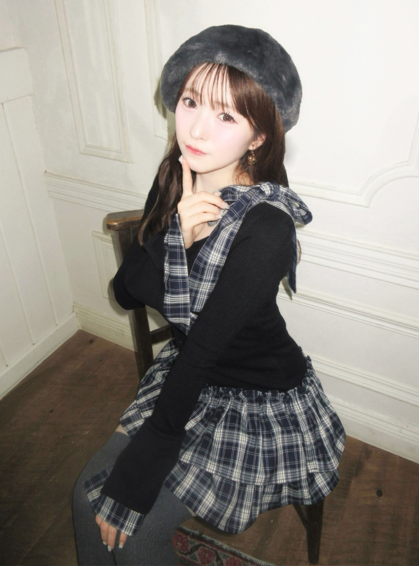 チェック柄オフショルダーミニワンピース チェック柄ドッキングワンショルダーリボンフリルニット