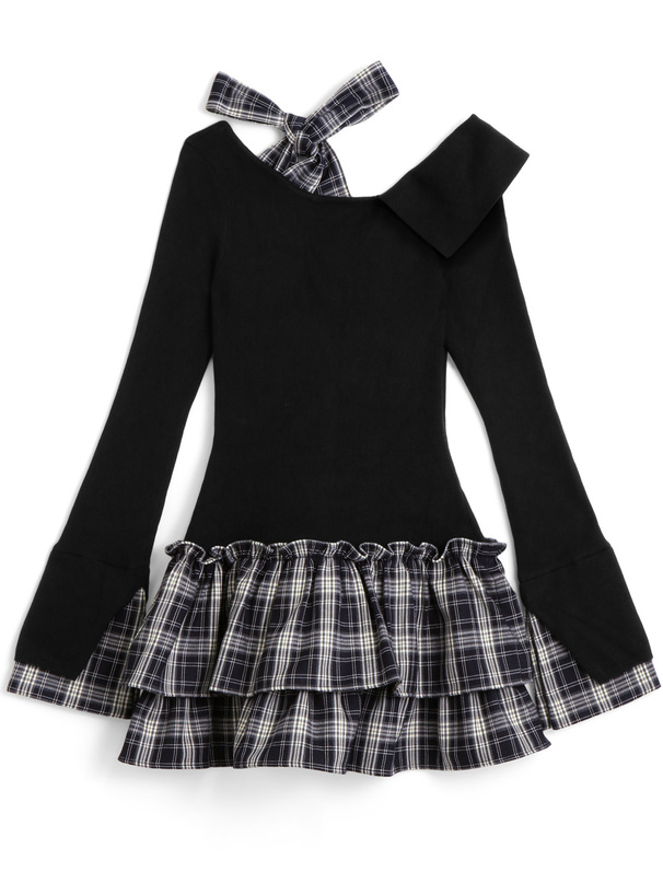 チェック柄ドッキングワンショルダーリボンフリルニットワンピース