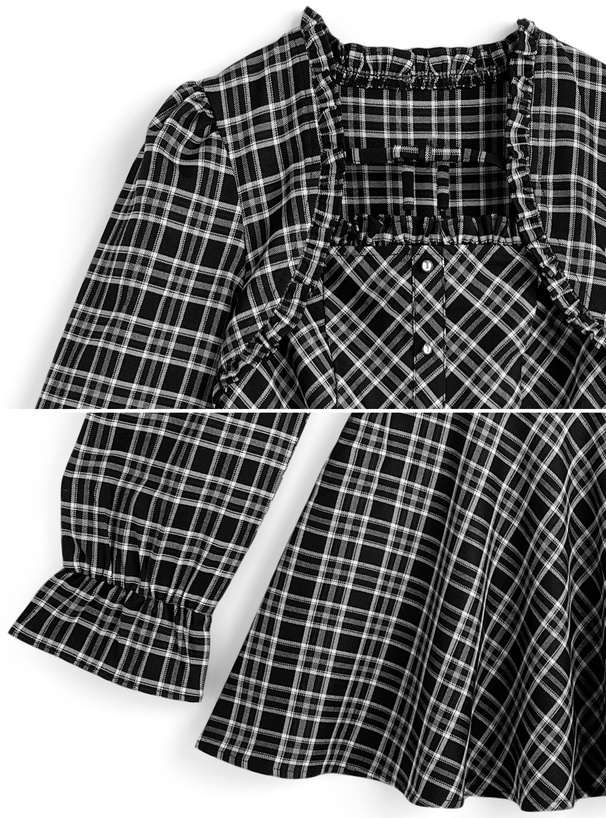 チェック柄レイヤード風ペプラムトップス×ショートパンツセットアップ