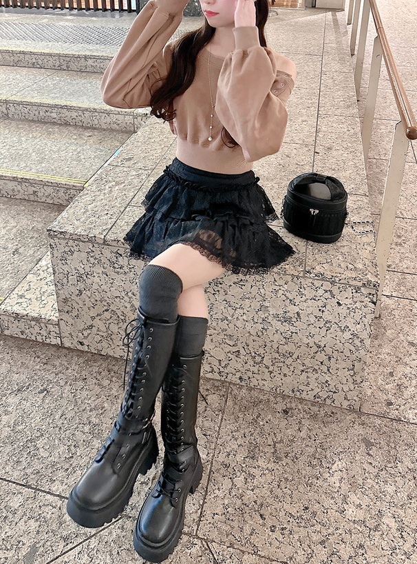 インパン裏地付きティアードフリルレースミニスカート