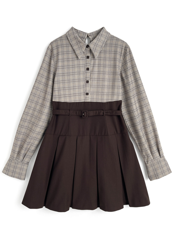 ベルト付きチェック柄ドッキングプリーツミニワンピース[pm790