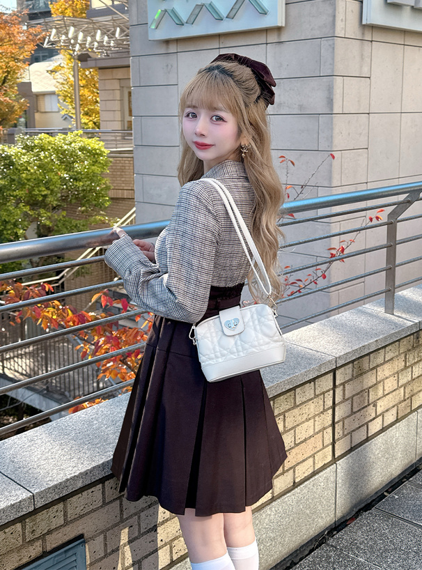 ベルト付きチェック柄ドッキングプリーツミニワンピース[pm790