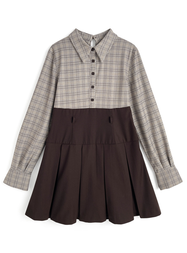 ベルト付きチェック柄ドッキングプリーツミニワンピース[pm790