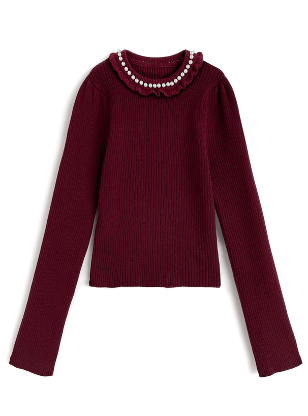 パールフリルリブニットトップス