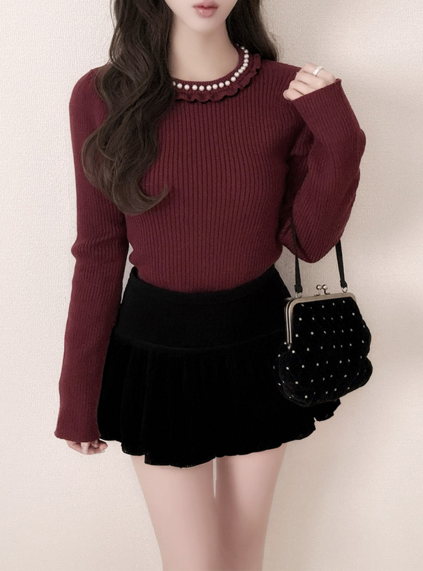 パールフリルリブニットトップス