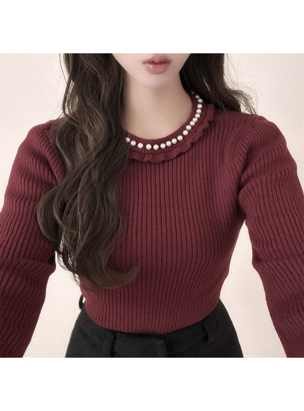 パールフリルリブニットトップス