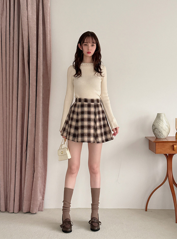 パールフリルリブニットトップス