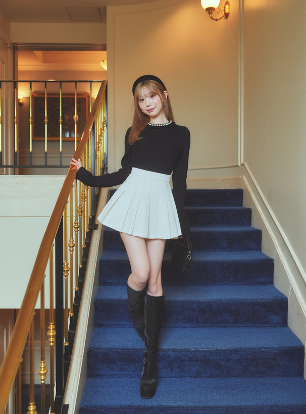 パールフリルリブニットトップス