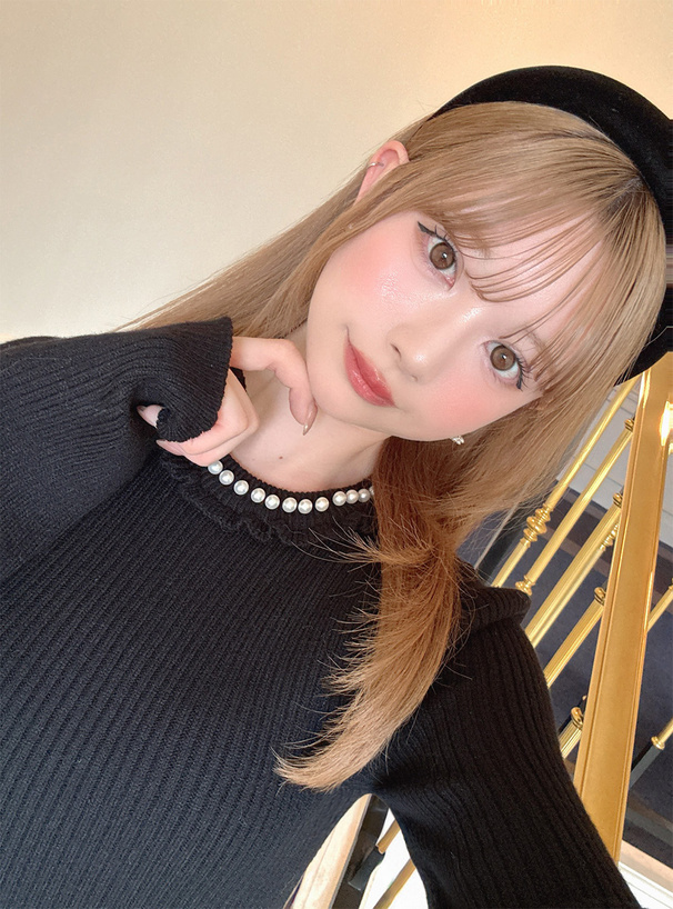 パールフリルリブニットトップス