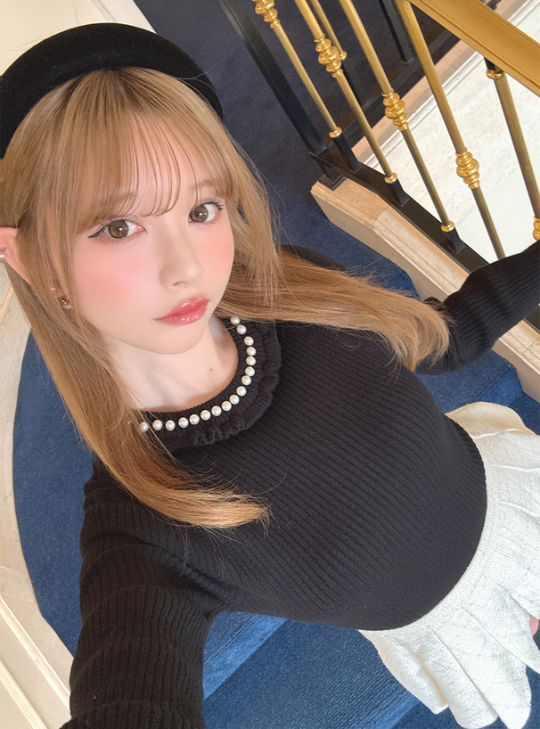パールフリルリブニットトップス