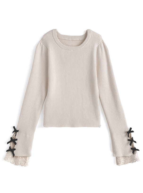 リボンレースリブニットトップス