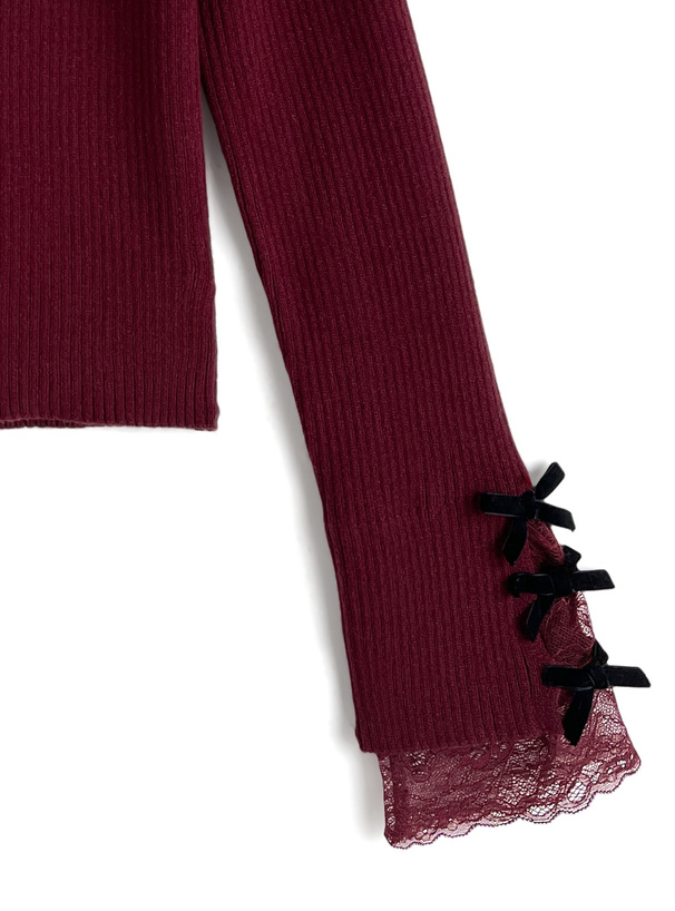 リボンレースリブニットトップス