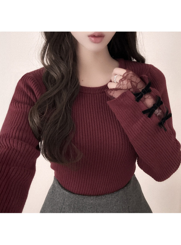 リボンレースリブニットトップス