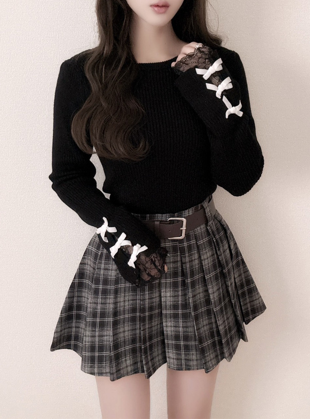 リボンレースリブニットトップス