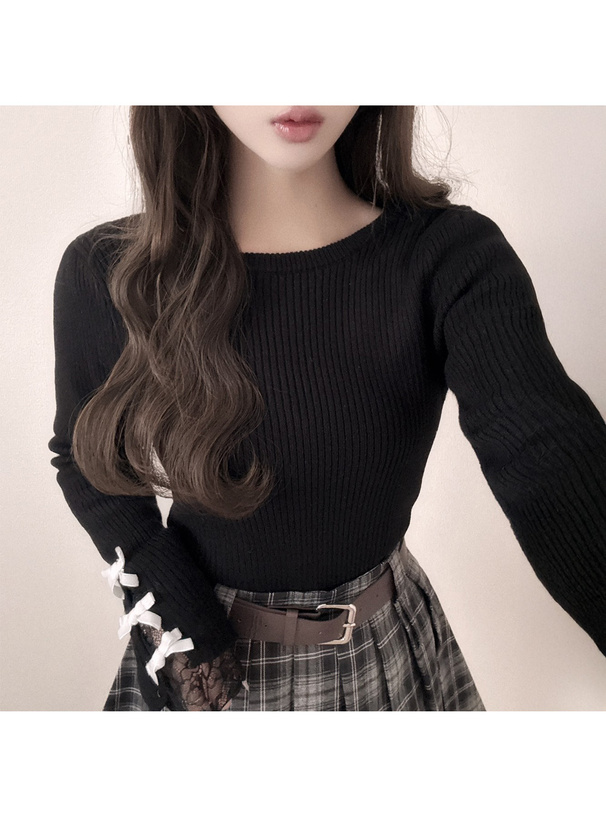 リボンレースリブニットトップス