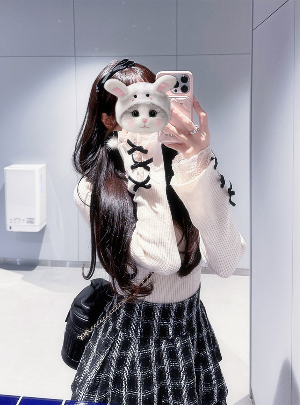 リボンレースリブニットトップス