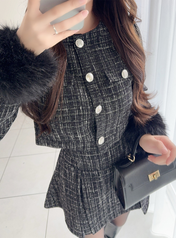 ファースリーブジャケット×ミニスカートツイードセットアップ[pm796