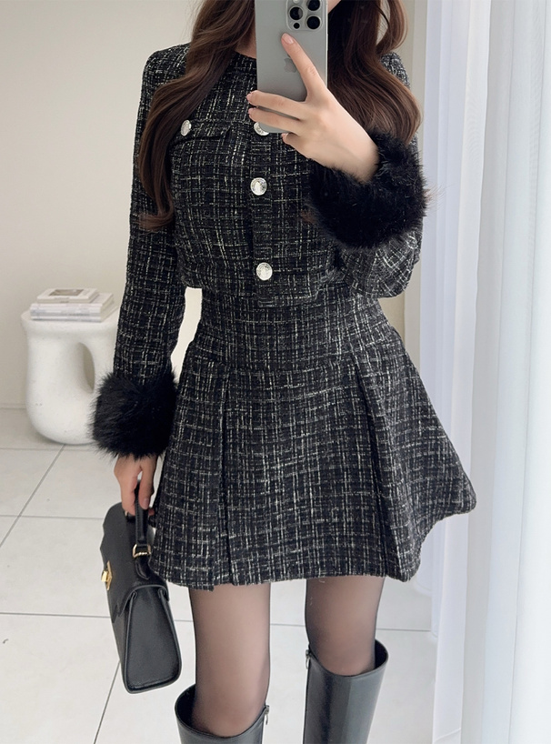 ファースリーブジャケット×ミニスカートツイードセットアップ[pm796
