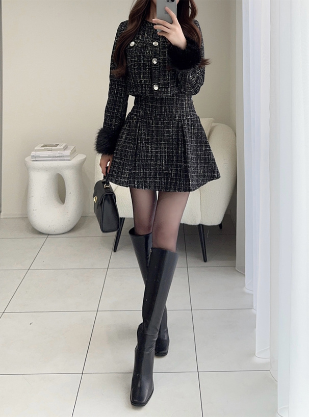 ファースリーブジャケット×ミニスカートツイードセットアップ[pm796