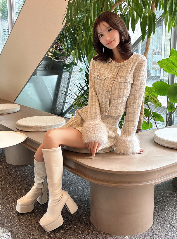 ファースリーブジャケット×ミニスカートツイードセットアップ[pm796