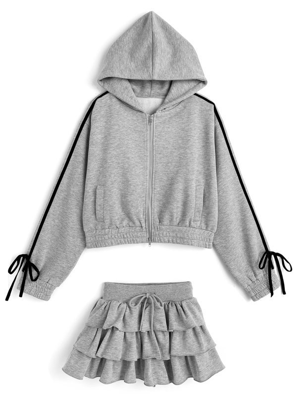 ベロアラインダブルジップパーカー×ティアードミニスカートスウェット